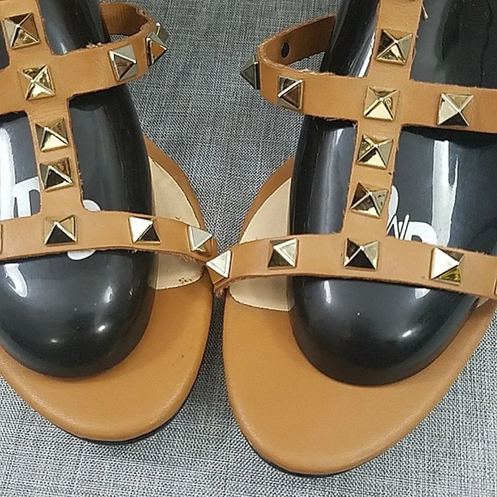 Kaitlyn Pan Studded Tan Leather Sandals 7.5 - Strappy, Open-toe, Heeled
